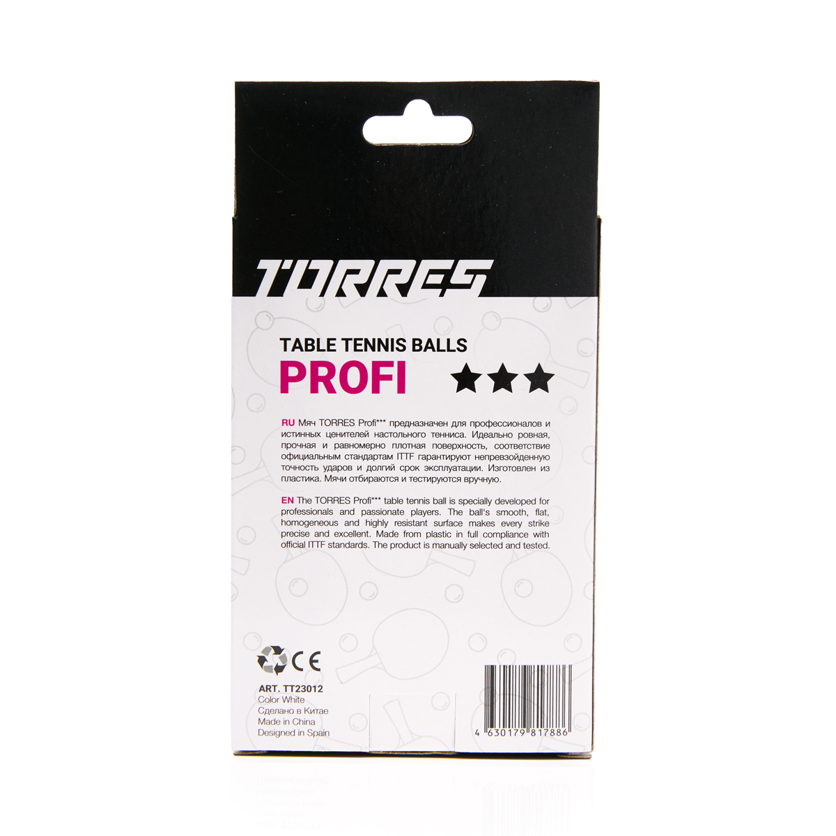 Мяч для настольного тенниса TORRES Profi 3*, упаковка 6 шт