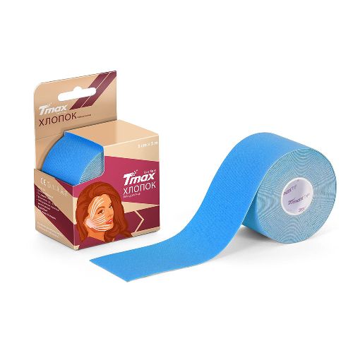 Тейп кинезиологический для лица TMAX Beauty Tape, хлопок, размер 5см x 5м, Цвет Голубой